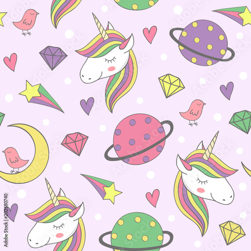 magic seamless pattern with unicorn and planets - vector illustration, eps