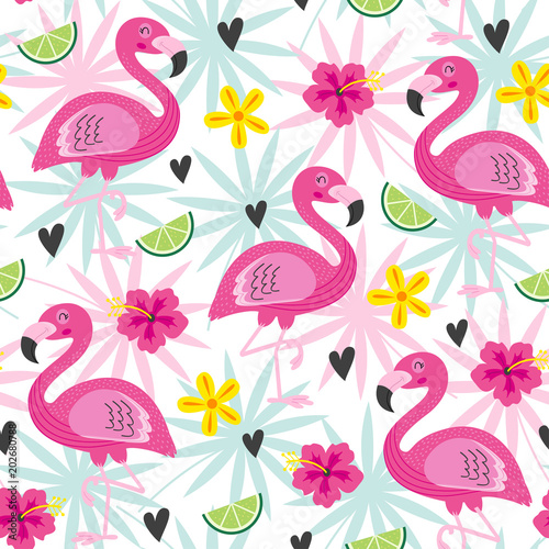 seamless pattern with pink flamingo and tropical flowers - vector illustration, eps
