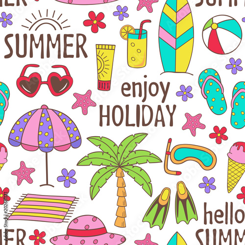 seamless pattern with summer icons on white background - vector illustration, eps  