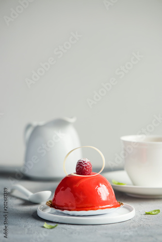 Pastry, dessert, raspberry cheese cake. Rustic background. Toned, selective focus