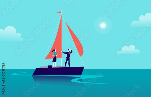 Vector flat business illustration with businessman & lady sailing on ship through ocean on blue clouded sky background. Motivation, achievements, new goals, aspiration, leadership, winner - metaphor.