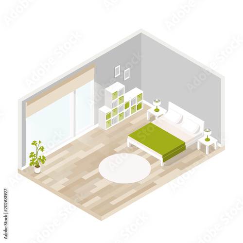 Isometric living luxury interior for lounge with wood floor,big window,bed, lamp,flower. Vector illustration with isolated layers