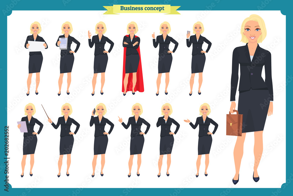 Set of super Businesswoman character design with different poses. Illustration isolated vector on white in flat cartoon style.Blonde Women in office clothes. Business Set of super Businesswoman character design with different poses. Illustration isolated vector on white in flat cartoon style.Blonde Women in office clothes. Business