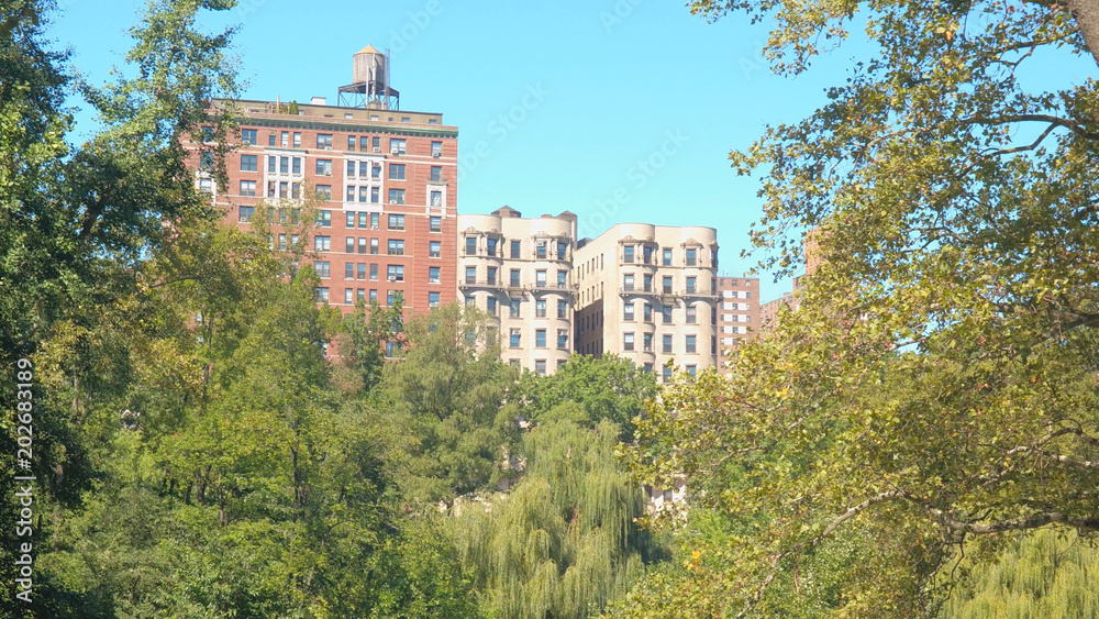 CLOSE UP: Luxury residential buildings overlooking the Central Park in sunny NYC