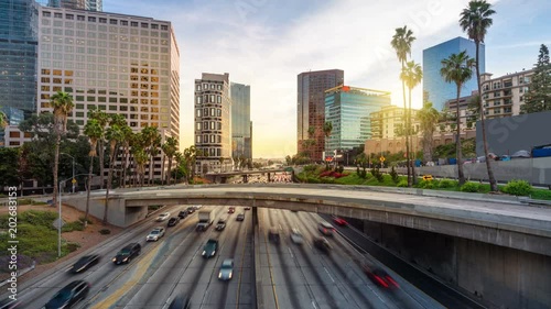 Time lapse of Los Angeles city freeway traffic at sunset photo