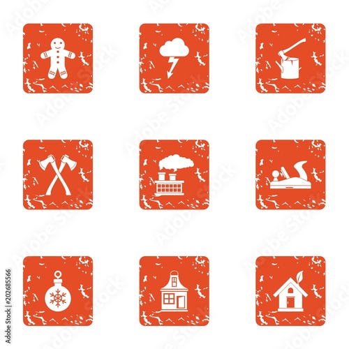 Timber house icons set. Grunge set of 9 timber house vector icons for web isolated on white background