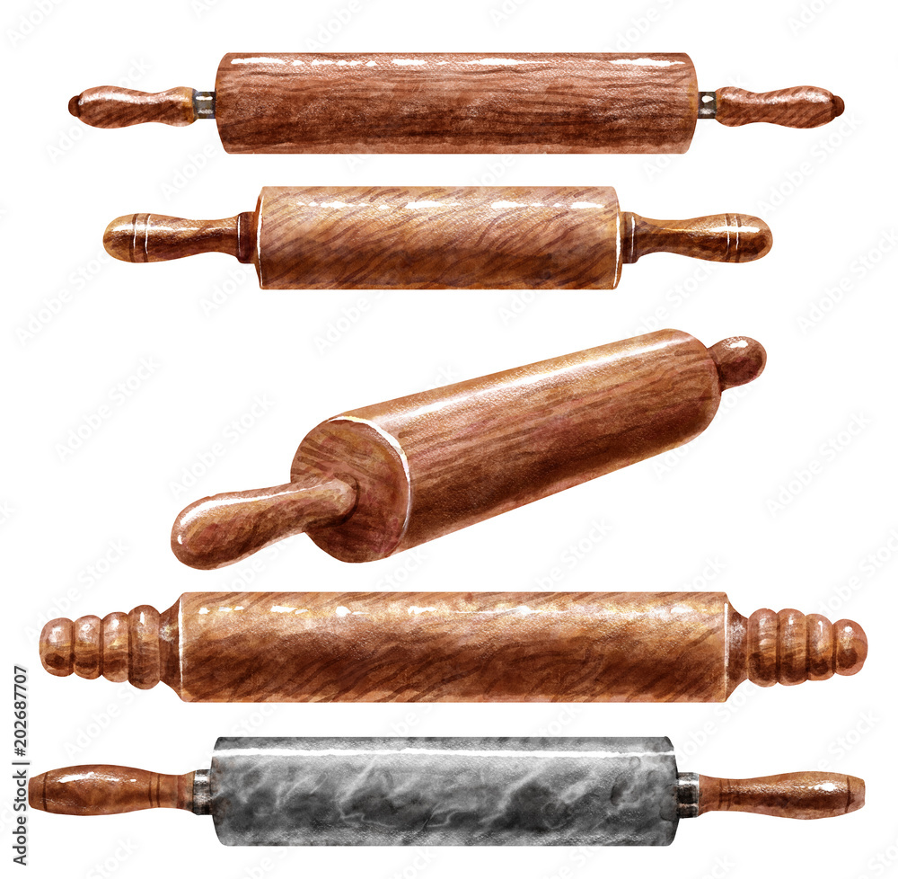 Rolling pin  watercolor illustration, isolated on white