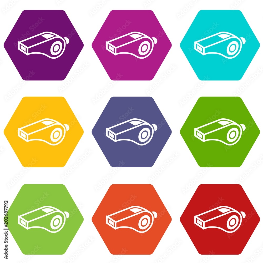 Whistle icons 9 set coloful isolated on white for web Whistle icons 9 set coloful isolated on white for web