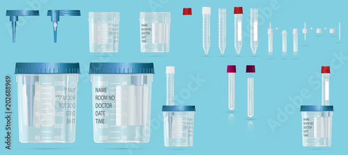 Modern realistic 3d  vials and vacuum containers with lid and needle for blood sampling, biomaterials and analysis. Cover device and practical scheme of work. Vector