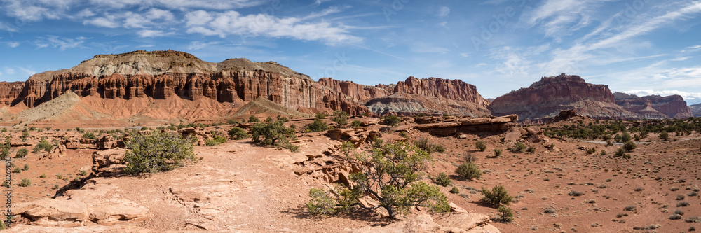 viewpoint of capitol reef national park in utah in the spring time with clear blue skies, rock outcrops, canyons, narrows and juniper trees viewpoint of capitol reef national park in utah in the spring time with clear blue skies, rock outcrops, canyons, narrows and juniper trees