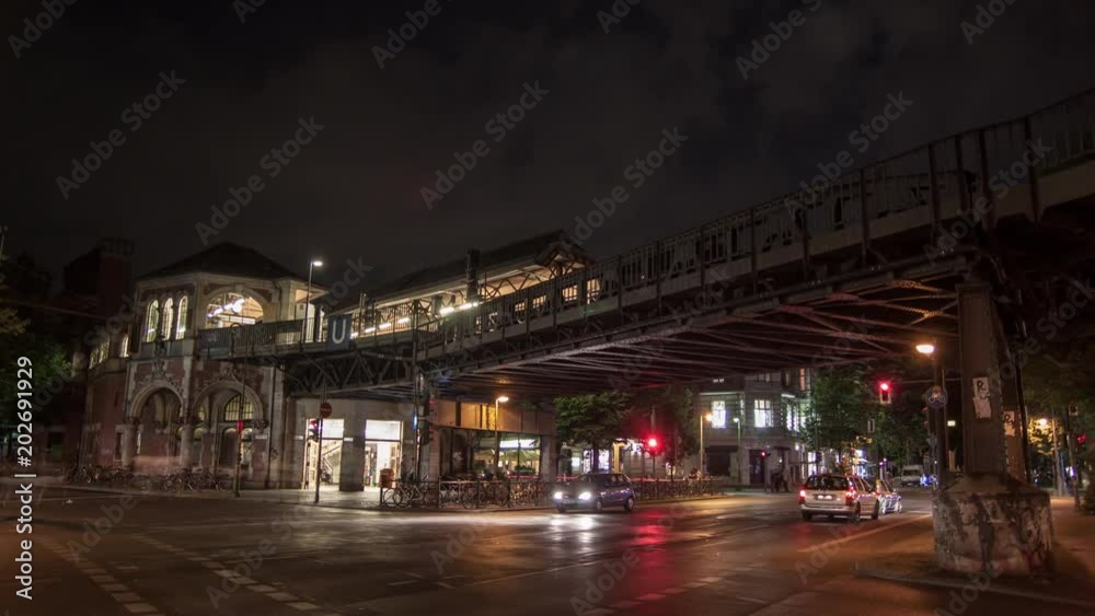 Berlin Kreuzberg, Schlesisches Tor subway station and traffic, night time lapse 
