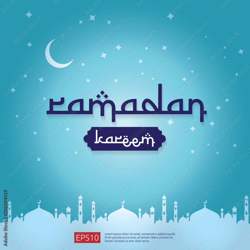 Ramadan Kareem islamic greeting design with dome mosque and moon and stars on sky element. background Vector illustration. Ramadan Kareem islamic greeting design with dome mosque and moon and stars on sky element. background Vector illustration.
