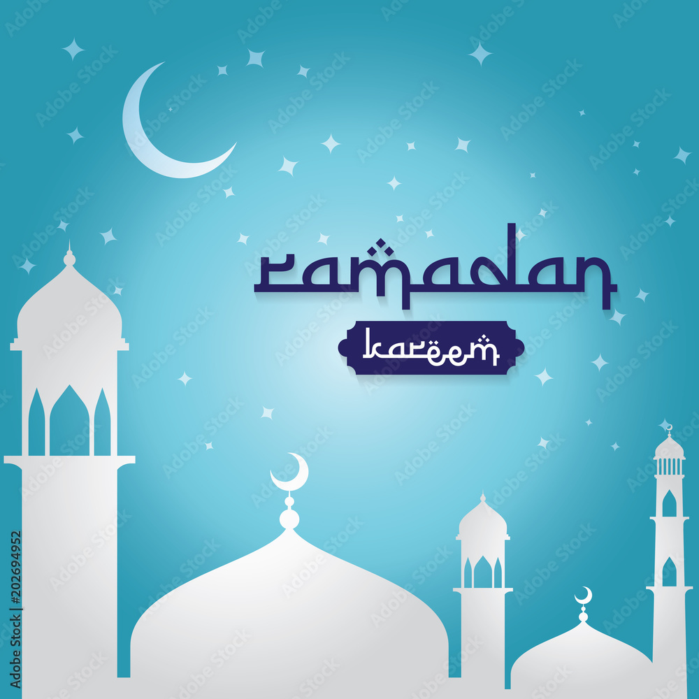 Ramadan Kareem islamic greeting design with dome mosque and moon and stars on sky element. background Vector illustration. Ramadan Kareem islamic greeting design with dome mosque and moon and stars on sky element. background Vector illustration.