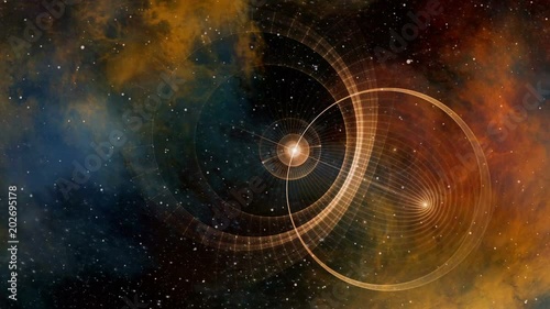 Imaginary traveling through time and space. Deep space, colorful nebula, star fields and ancient nautical instrument. Vintage motion background.  Animation, abstract illustration, seamless loop photo