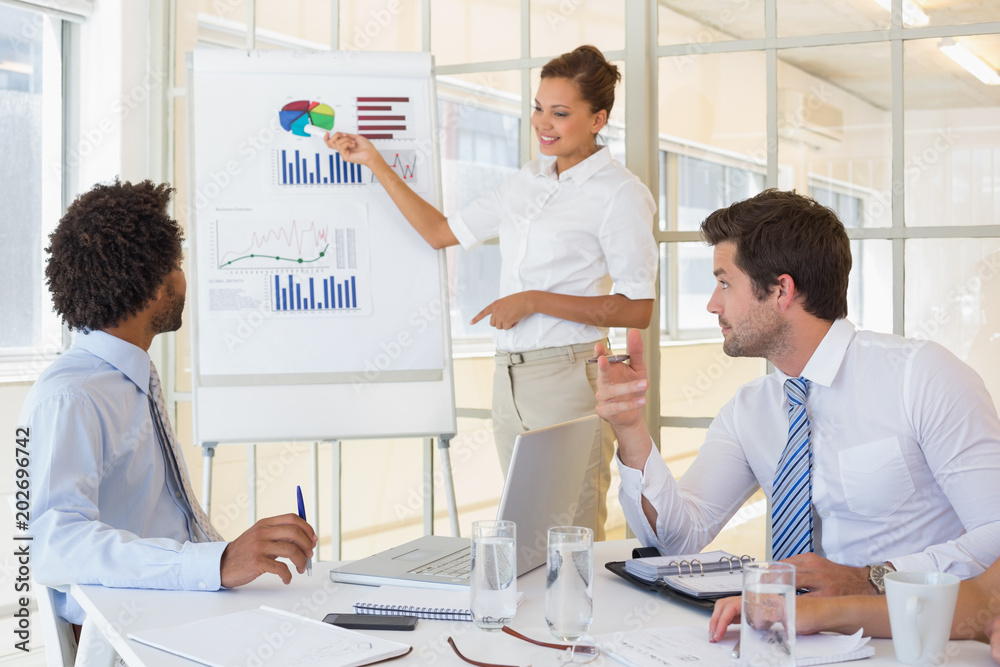 Businesswoman giving presentation to colleagues in office Businesswoman giving presentation to colleagues in office
