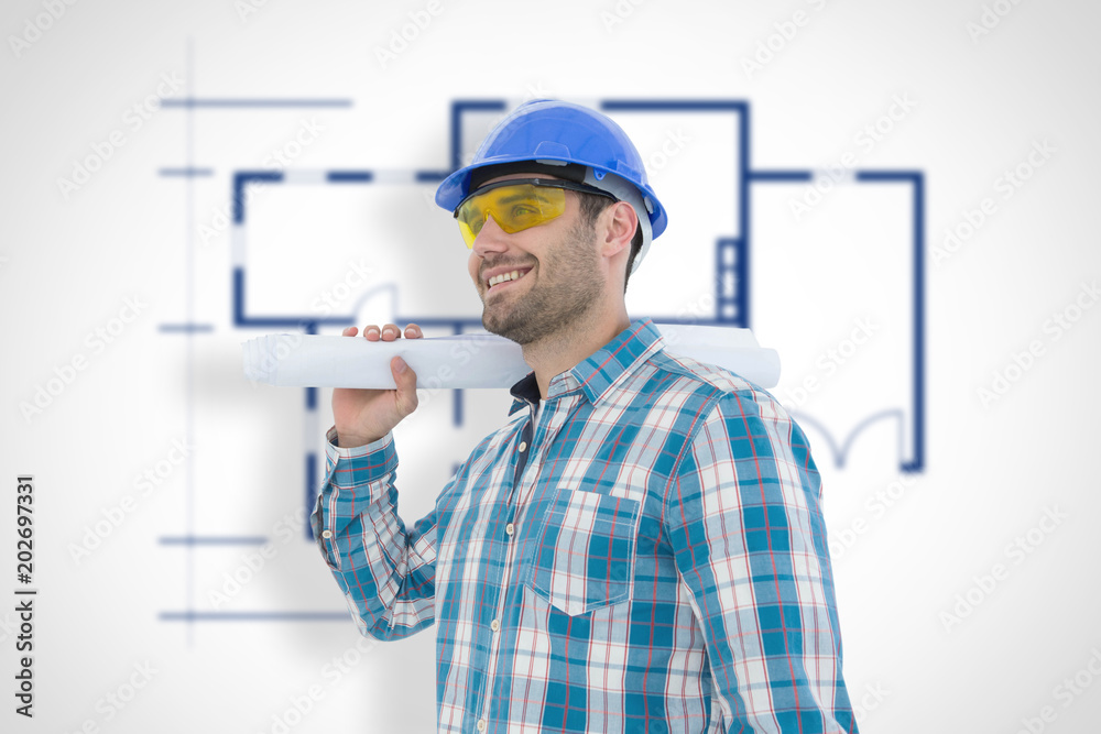 Smiling architect looking away while holding blueprint against blueprint Smiling architect looking away while holding blueprint against blueprint