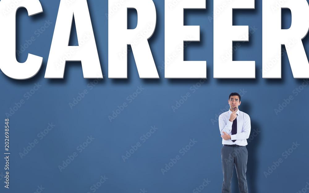Thinking businessman holding glasses against blue vignette Thinking businessman holding glasses against blue vignette