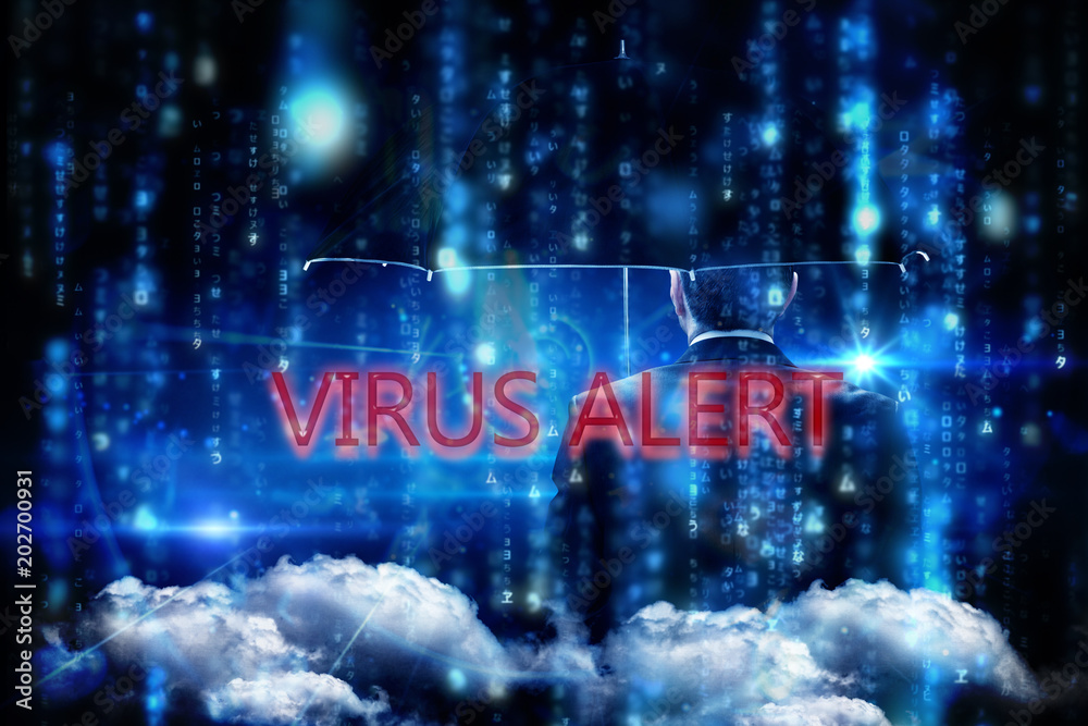 Φωτογραφία The word virus alert and mature businessman holding an umbrella against lines of