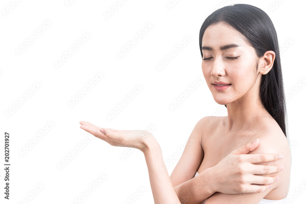 Beautiful young woman showing open hand palm presenting with copy space for product isolated on white background Beautiful young woman showing open hand palm presenting with copy space for product isolated on white background