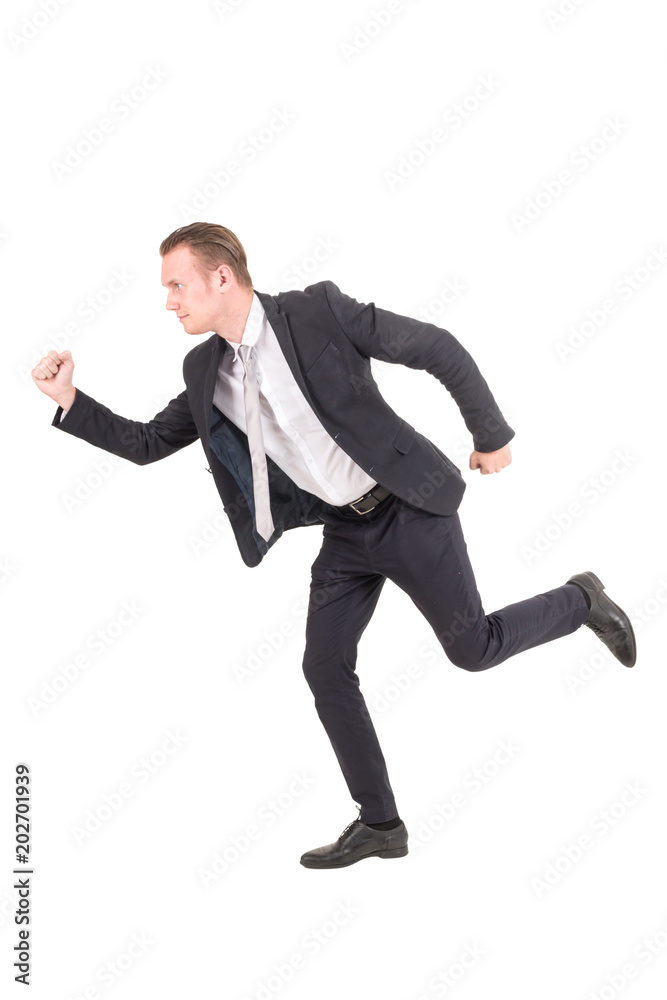 Businessman running forward isolated on white background