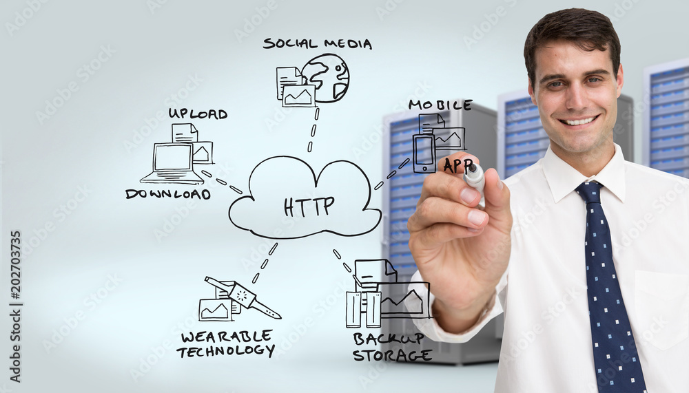 Smiling businessman holding marker against digitally generated server tower Smiling businessman holding marker against digitally generated server tower