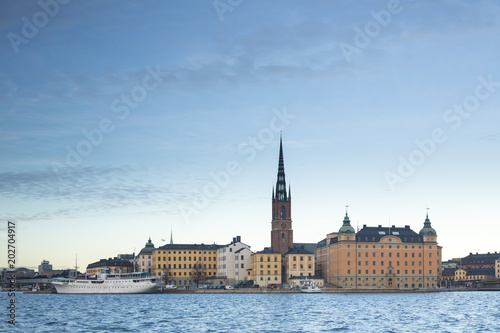 Beautiful scenic panorama of the Old City (Gamla Stan) cityscape pier architecture with historic town houses with colored facade in Stockholm, Sweden. Creative landscape photography © Martin