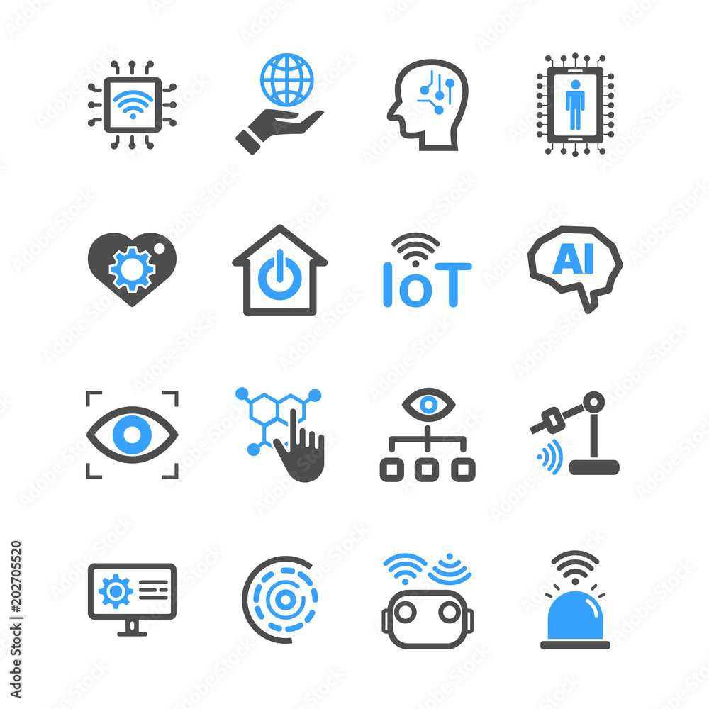 Internet of things and Artificial intelligence icons. Robot and Industrial technology concept. Glyph and outlines stroke. Sign and Symbol theme. Vector illustration graphic design collection set Internet of things and Artificial intelligence icons. Robot and Industrial technology concept. Glyph and outlines stroke. Sign and Symbol theme. Vector illustration graphic design collection set