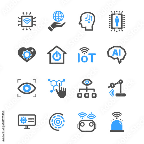 Internet of things and Artificial intelligence icons. Robot and  Industrial technology concept. Glyph and outlines stroke. Sign and Symbol theme. Vector illustration graphic design collection set