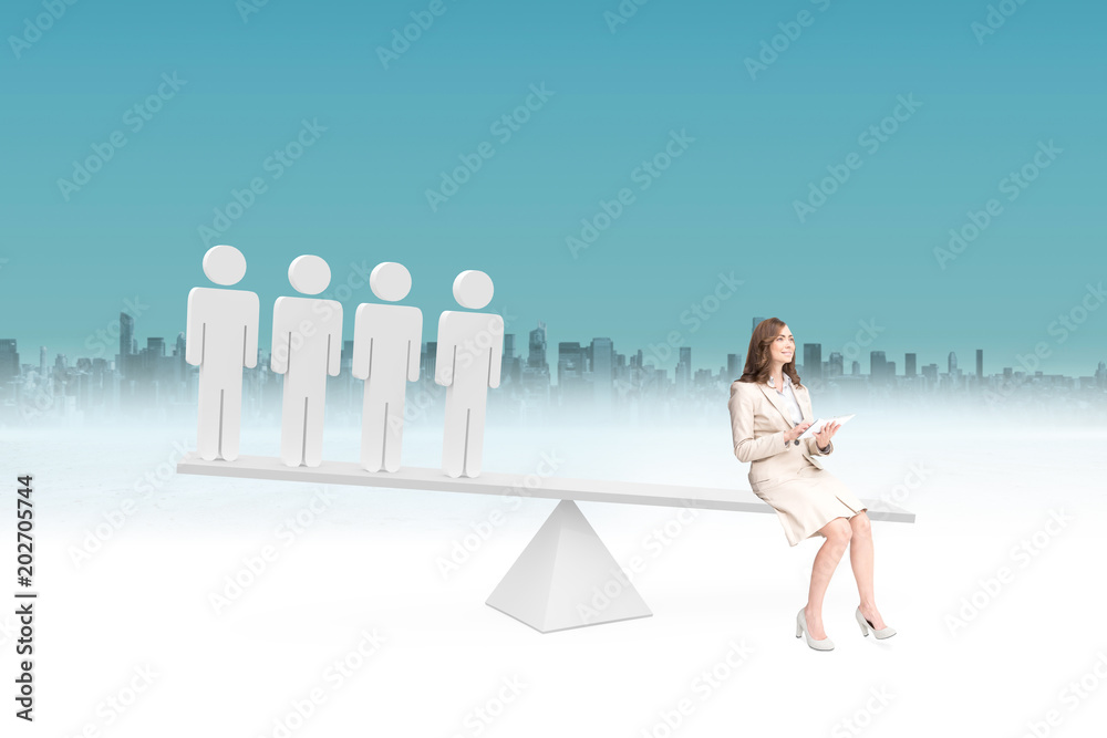 Φωτογραφία Scales weighing businesswoman and stick men against cityscape and blue sky