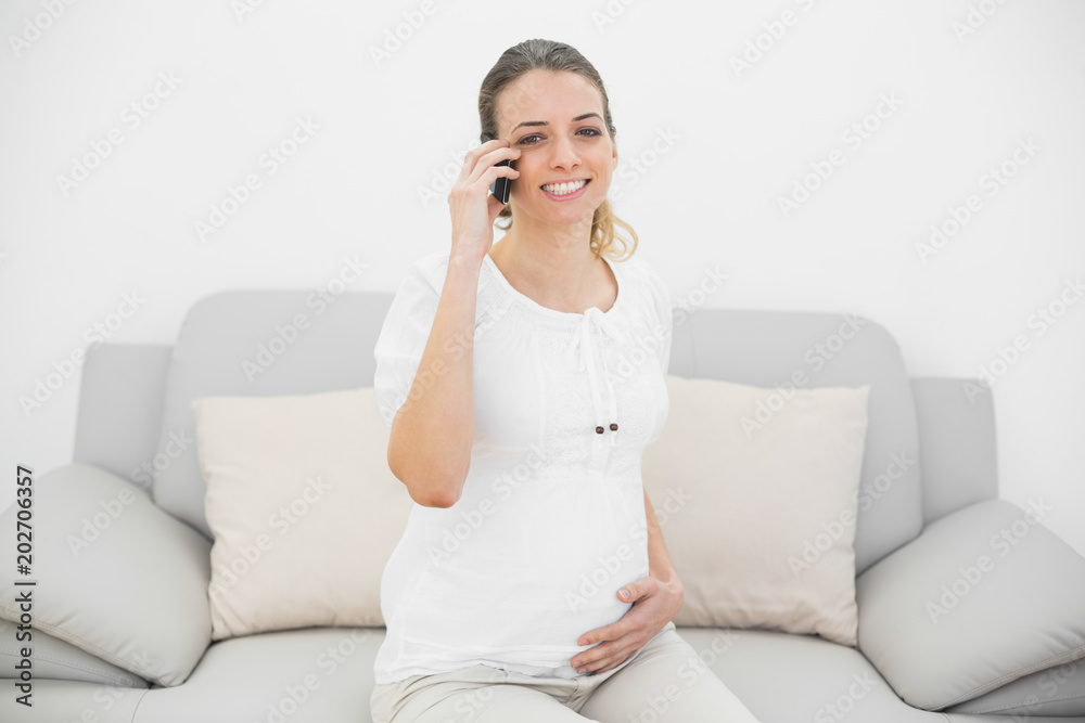 Gorgeous pregnant woman phoning with her smartphone smiling at camera Gorgeous pregnant woman phoning with her smartphone smiling at camera