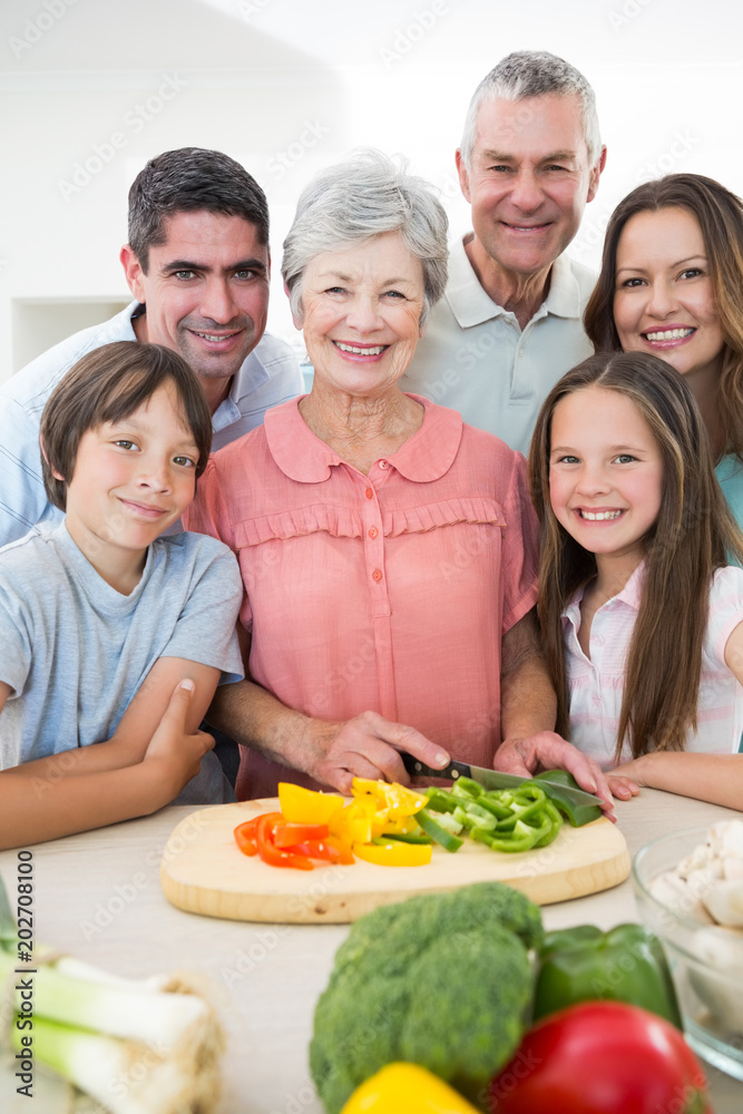 multigeneration family preparing food at counter multigeneration family preparing food at counter