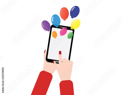Woman hand holding smartphone with balloons 