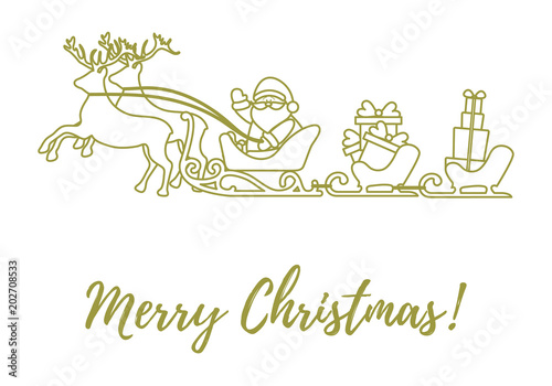 Santa Claus with Christmas presents in sleighs with reindeers. New Year and Christmas illustration.