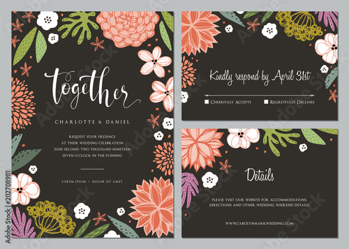 Invitation and universal card design set with floral wreath. Wedding templates. 