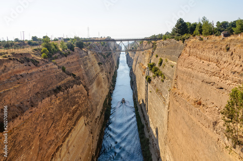 Corinth Canal through the narrow Isthmus of Corinth between the Gulf of Corinth in the Ionian Sea and the Saronic Gulf in the Aegean Sea - Corinth, Greece