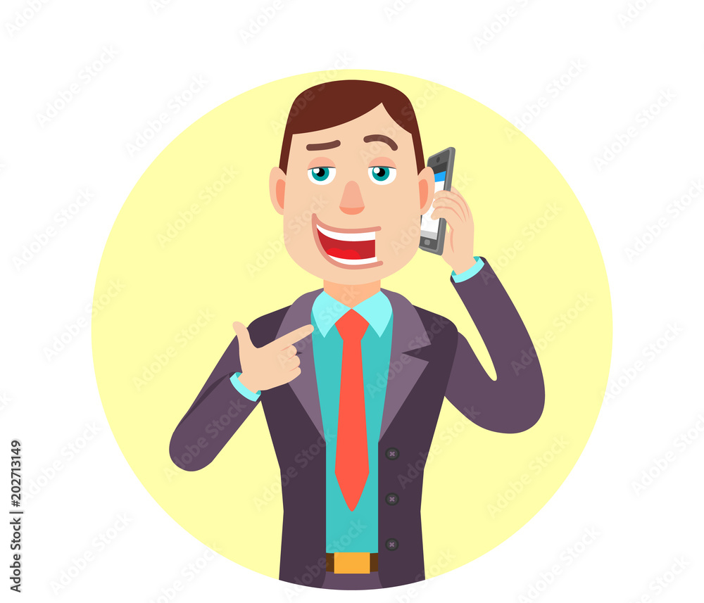 Businessman pointing his finger at the mobile phone that he talks