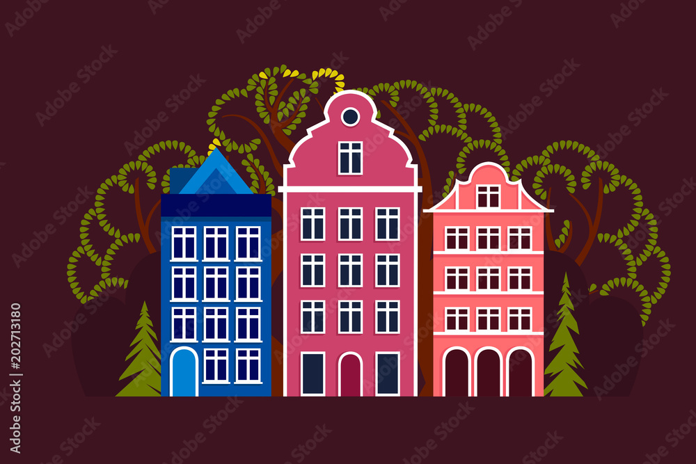 European city. Daytime, summer, autumn, spring. City street with three houses, trees deciduous and coniferous. Green environment in city. Vector illustration.
