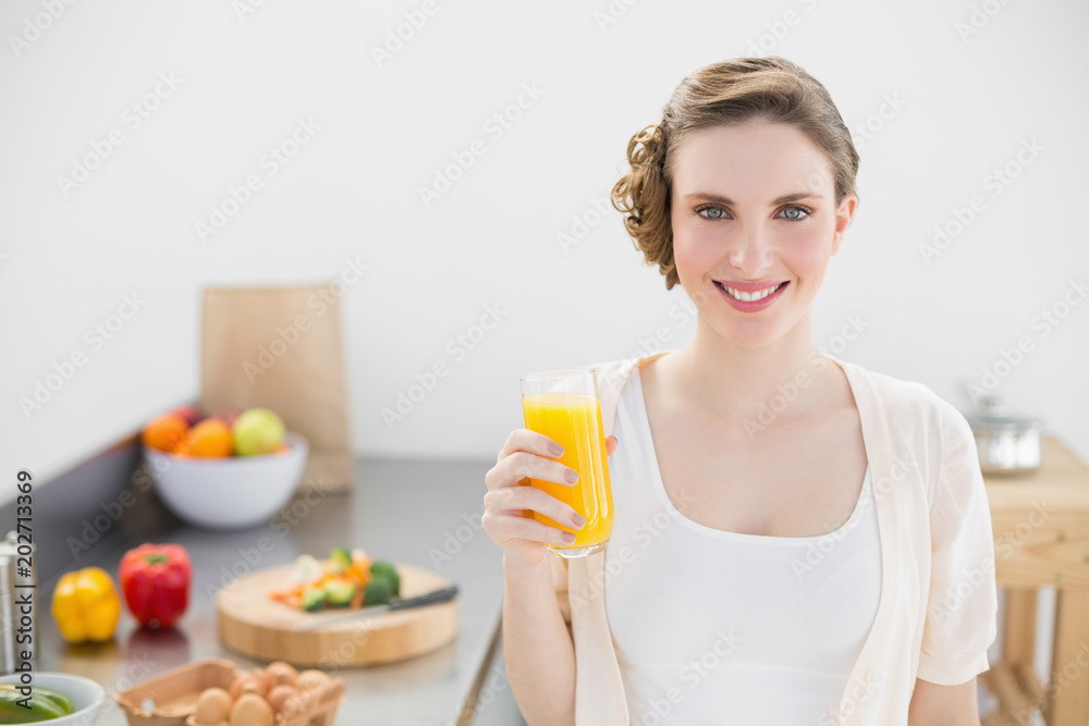 Beautiful woman posing in her kitchen holding a glass of orange juice Beautiful woman posing in her kitchen holding a glass of orange juice