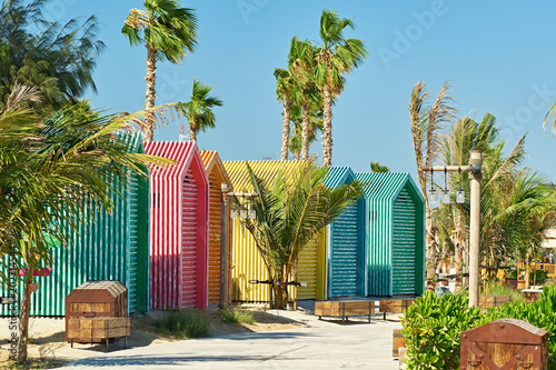 Photography Colored beach bathing cabins in Dubai