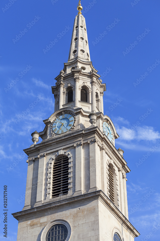 Tower of neoclassical building of St Martin in the Fields church ,Trafalgar Square, London, United Kingdom.