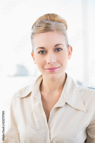 Seductive young blonde businesswoman looking at camera