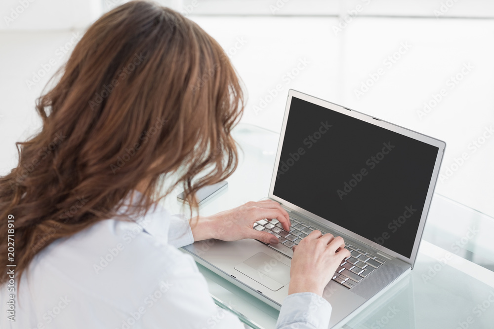 Rear view of a brown haired businesswoman using laptop Rear view of a brown haired businesswoman using laptop