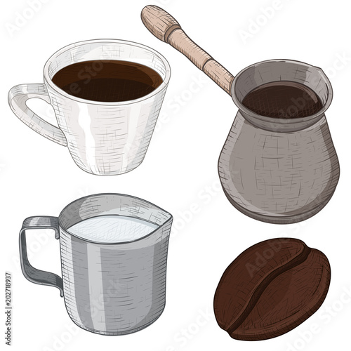 Coffee set - cezve pot, milk jug, cup and coffee bean. Hand drawn sketch