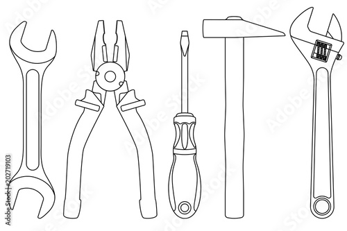 Industrial tools kit - spanner, pliers, screwdriver, hammer, adjustable wrench. Outline drawing