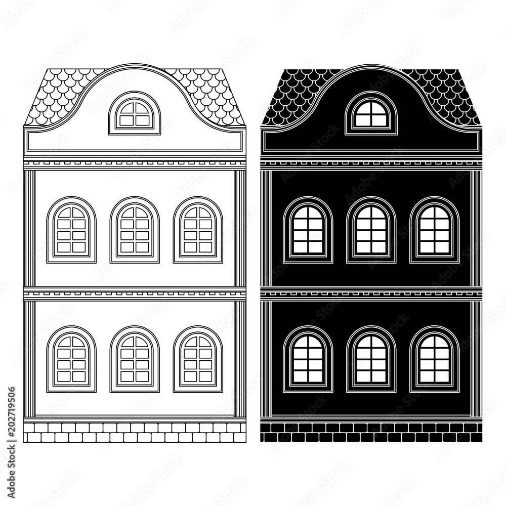 House. Two-storey building. Flat black and outline drawing
