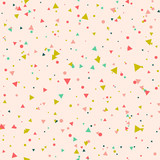 Abstract seamless pattern with colorful green, red, yellow chaotic small circles and triangles on pink. Infinity geometric pattern. Vector illustration.  