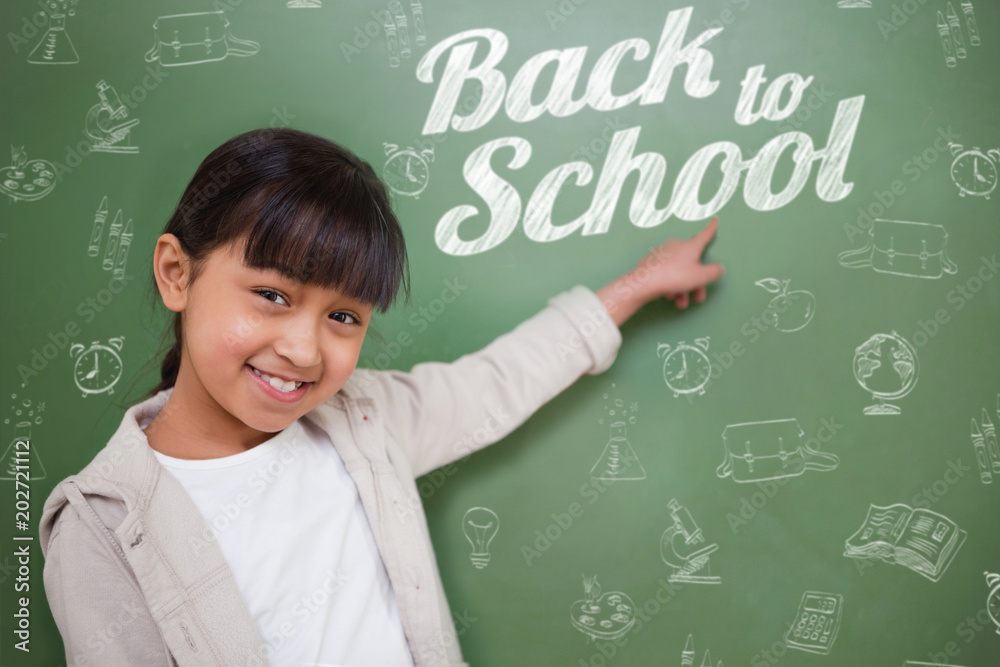 Composite image of back to school message against cute pupil pointing Composite image of back to school message against cute pupil pointing