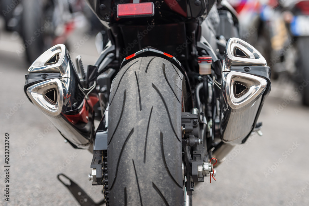 Fototapeta premium RIGA, LATVIA - APRIL 28, 2018: 2018 Moto Season Opening Event. A close-up of the most interesting details and attributes of motorcycles parked at the parade.