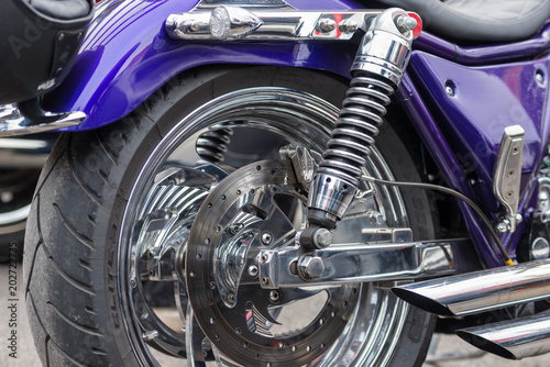 RIGA, LATVIA - APRIL 28, 2018: 2018 Moto Season Opening Event. A close-up of the most interesting details and attributes of motorcycles parked at the parade.