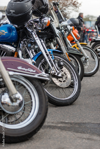 RIGA  LATVIA - APRIL 28  2018  2018 Moto Season Opening Event. A close-up of the most interesting details and attributes of motorcycles parked at the parade.